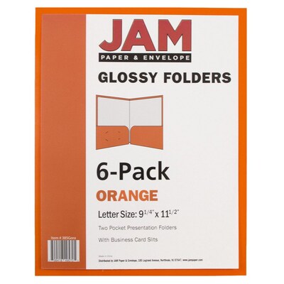 JAM Paper Laminated Two-Pocket Glossy Presentation Folders, Orange, 6/Pack (385GORA)