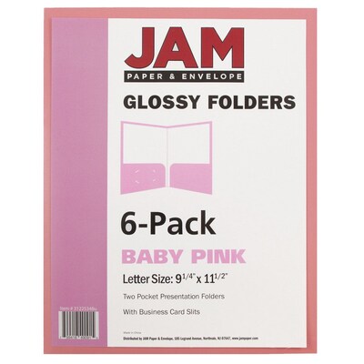 JAM Paper® Laminated Two-Pocket Glossy Presentation Folders, Baby Pink, 6/Pack (31225348U)