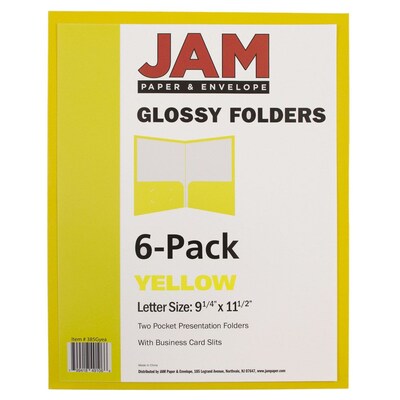 JAM Paper® Laminated Two-Pocket Glossy Presentation Folders, Yellow, 6/Pack (385GYEA)