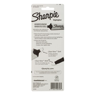 Sharpie Clear View Highlighter, Chisel Tip, Yellow, 3/Pack (1950745/2128217)