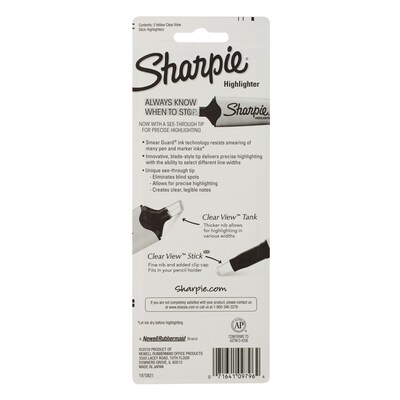 Sharpie Clear View Tank Highlighter, Chisel Tip, Yellow, 3/Pack (1904613)