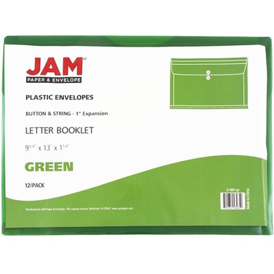 JAM Paper® Plastic Envelopes with Button and String Tie Closure, Letter Booklet, 9.75 x 13, Green Poly, 12/pack (218B1GR)