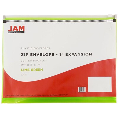 JAM Paper® Plastic Envelopes with Zip Closure, Letter Booklet, 9.5 x 12.5, Lime Green Poly, 12/pack (218Z1LI)
