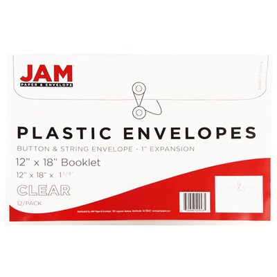 JAM Paper® Plastic Envelopes with Button and String Tie Closure, Large Booklet, 12 x 18, Clear, 12/Pack (457B1CL)