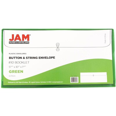 JAM Paper® Plastic Envelopes with Button and String Tie Closure, #10 Business Booklet, 5.25 x 10, Green, 12/Pack (921B1GR)