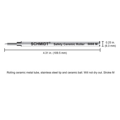 Schmidt 888 Safety Ceramic Rollerball Metal Tube Refill, Fits Universal Pens, Medium, Blue, 2 Pack (SC58105)