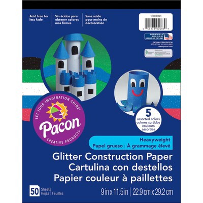 Pacon® Glitter Construction Paper, 9 x 11.5, Assorted Colors, 50 Sheets (PAC1000083)