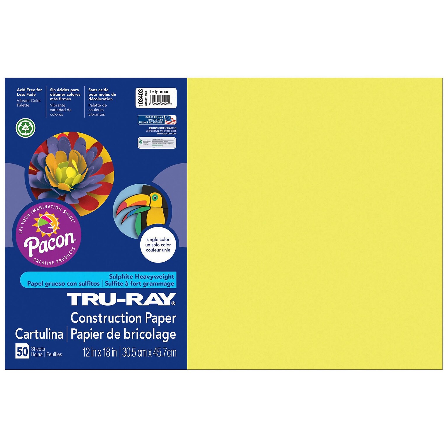 Pacon Corporation Tru-Ray® Fade-Resistant Construction Paper, 12 x 18, Lively Lemon  (PAC103403)