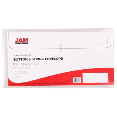 JAM Paper® #10 Plastic Envelopes with Button and String Tie Closure, 5 1/4 x 10, Clear Poly, 12/pack (921B1CL)