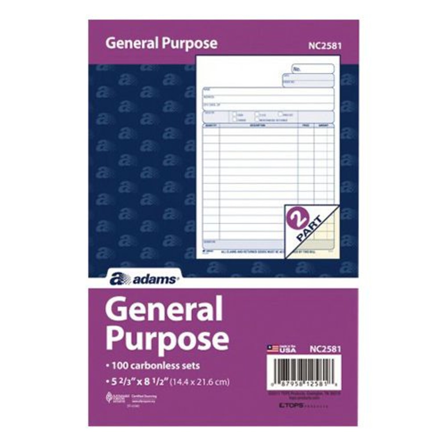 TOPS™ Carbonless General Purpose Form, 2-Part, 100 Sheets/Pack (NC2581)