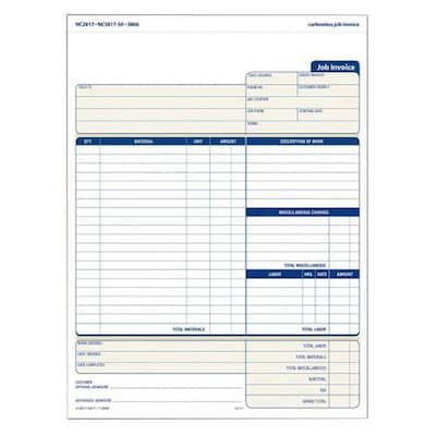 Adams® Job Invoice Form, Ruled, 8 x 11, 2-Part, White, 100 Sheets/Pack (NC2817)