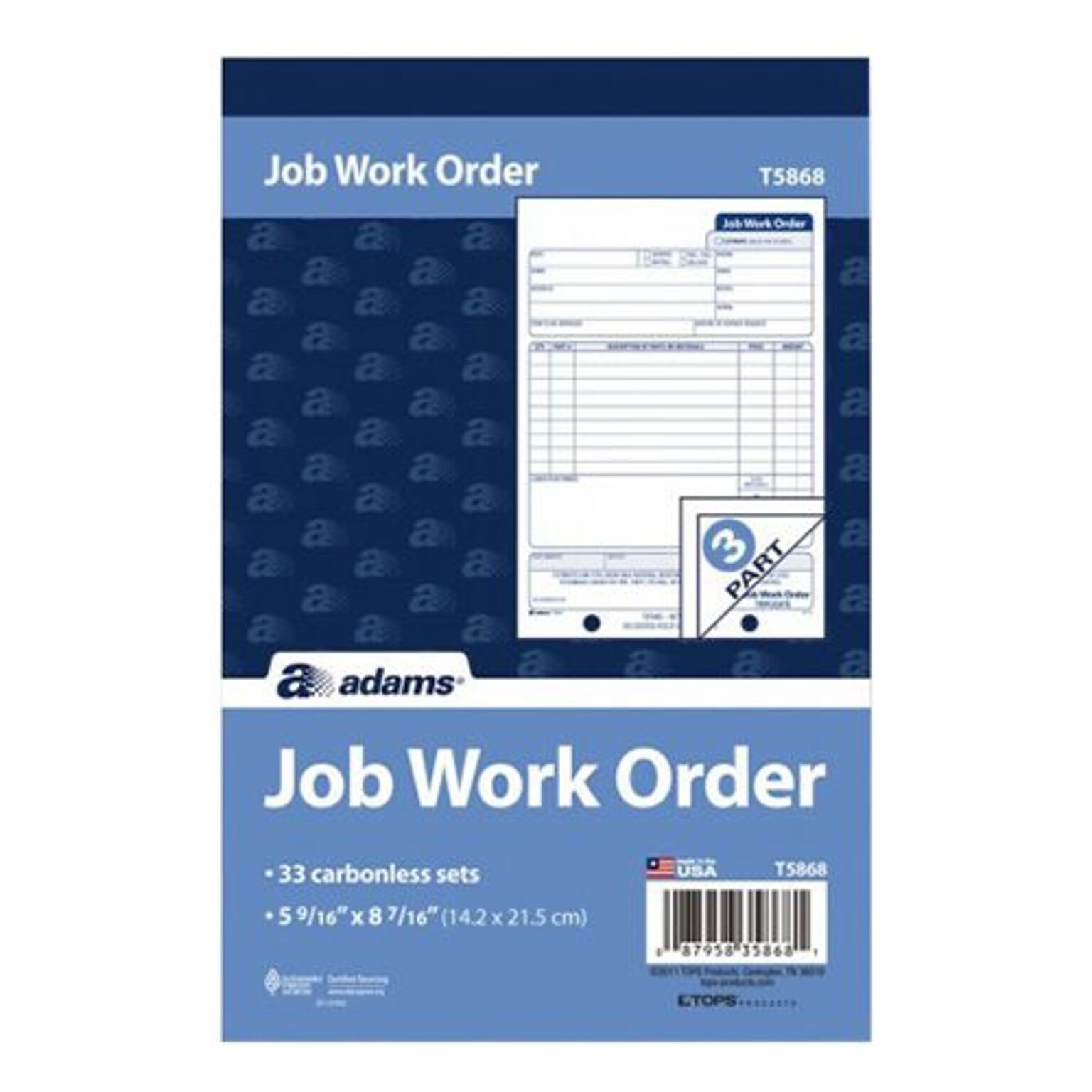 TOPS™ Carbonless Job Work Order Book, 3-Part, 33 Sheets/Book (T5868)