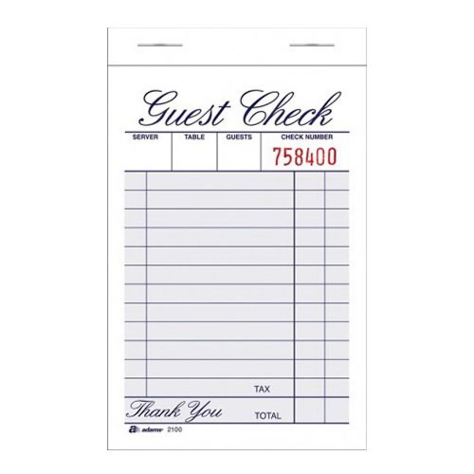 TOPS™ Guest Check Pad, 1-Part, 100 Sheets/Pad (2100-12)