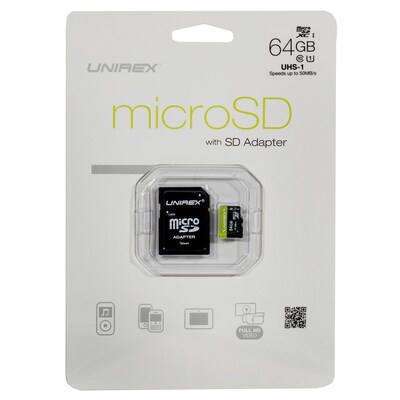 Unirex 64GB microSDHC Memory Card with Adapter, Class 10, UHS-I (93591082M)