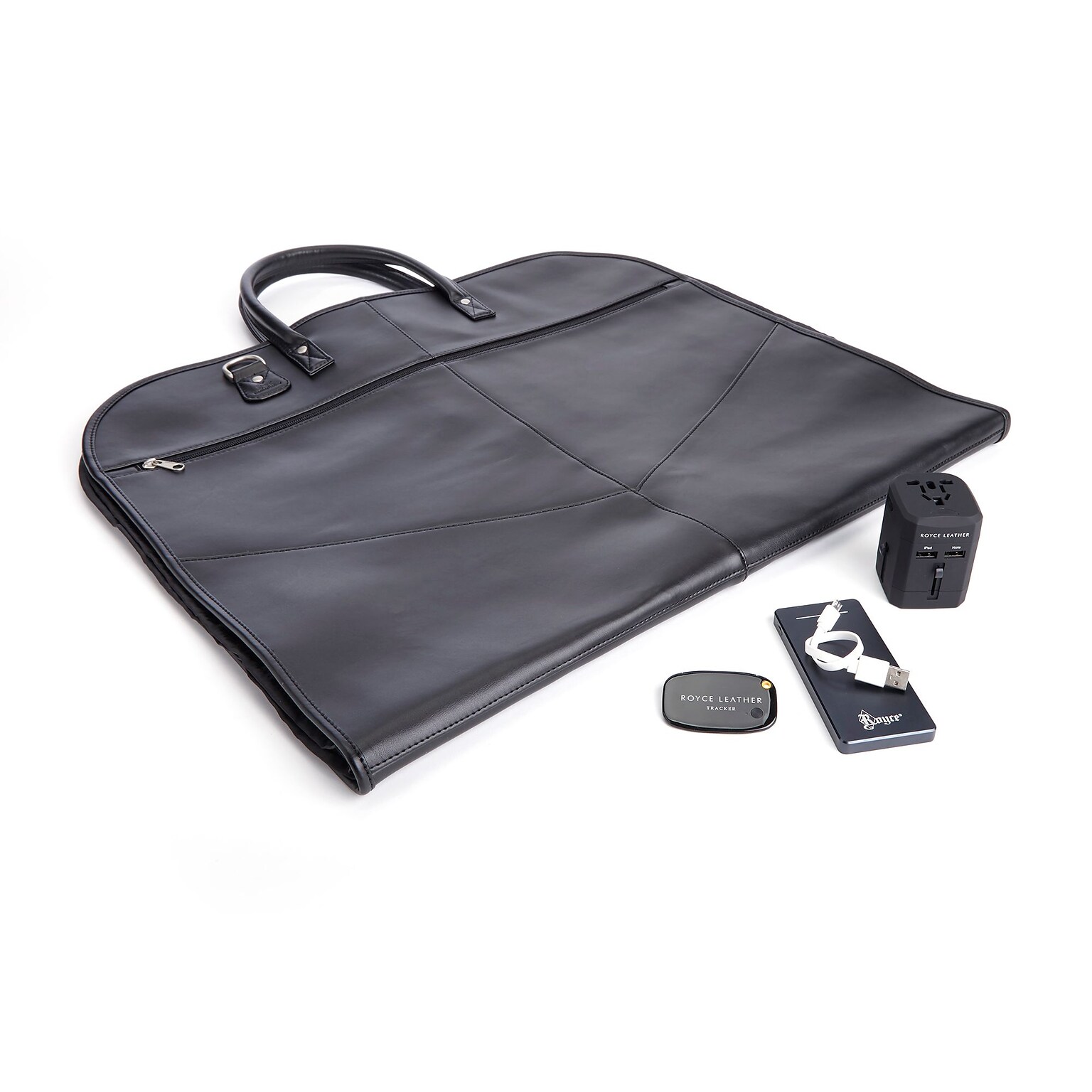 Royce Leather Leather Luxury Travel Set: Garment Bag with Bluetooth Tracking, Portable Power Bank, & International Adapter