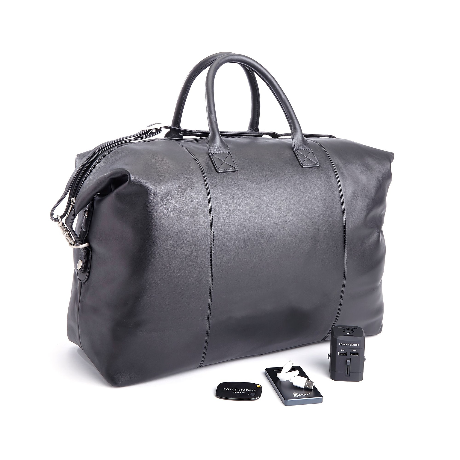 Royce Leather Leather Luxury Travel Set: Duffel Bag with Bluetooth Tracking, Portable Power Bank, & International Adapter