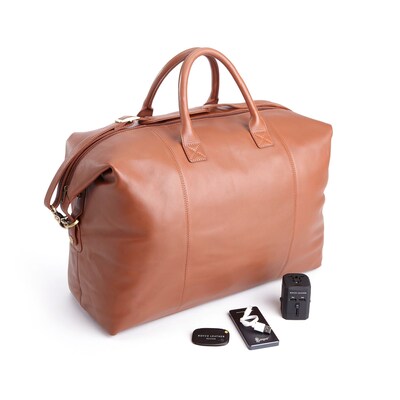 Royce Leather Leather Luxury Travel Set: Duffel Bag, Bluetooth Tracking Device, Portable Power Bank, International Adapter