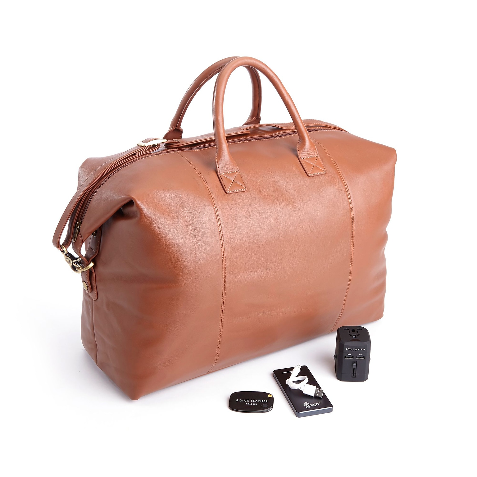 Royce Leather Leather Luxury Travel Set: Duffel Bag, Bluetooth Tracking Device, Portable Power Bank, International Adapter