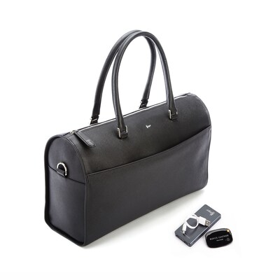 Royce Leather RFID Blocking Saffiano Barrel Bag with Bluetooth Tracking and Portable Power Bank (TRPB-236-BLACK)