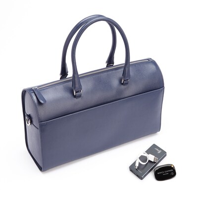 Royce Leather Navy Blue RFID Blocking Saffiano Barrel Bag with Bluetooth Tracking Device and Portable Power Bank (TRPB-236-BLUE)