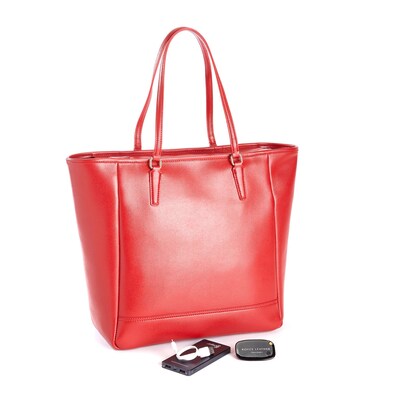 Royce Leather Red Italian Saffiano RFID Blocking 24 Hour Tote Bag with Universal Bluetooth Tracking, Portable Battery Power Bank