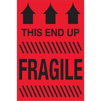 Tape Logic Labels, This End Up - Fragile, 2 x 3, Fluorescent Red, 500/Roll (DL1325)