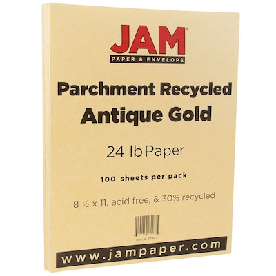 JAM Paper Parchment Colored Paper, 24 lbs., 8.5" x 11", Antique Gold Recycled, 100 Sheets/Pack (27160)