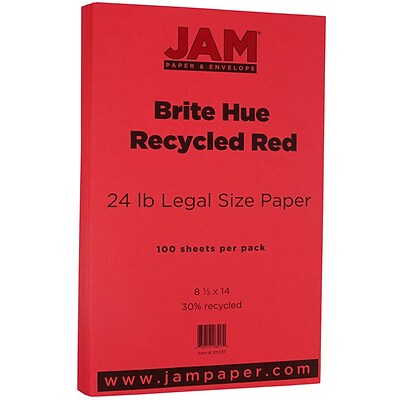JAM Paper® Legal Colored 24lb Paper, 8.5 x 14, Red Recycled, 100 Sheets/Pack (101337)