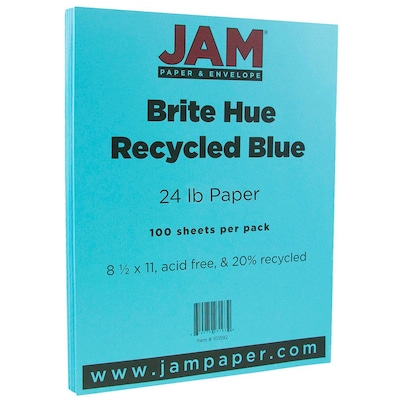 JAM Paper 8.5" x 11" Color Copy Paper, 24 lbs., Blue Recycled, 100 Sheets/Pack (101592)