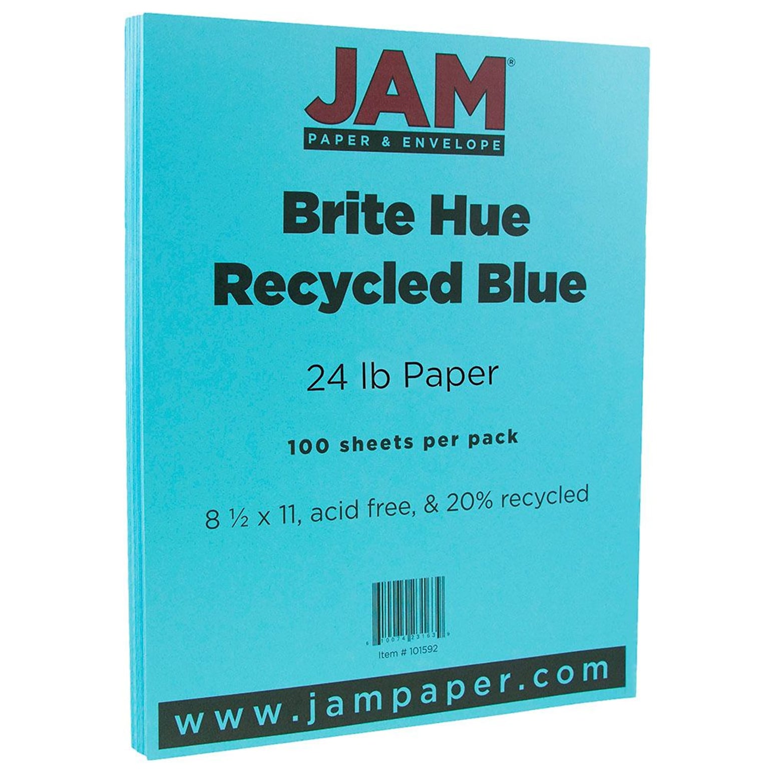 JAM Paper® Smooth Colored Paper, 24 lbs., 8.5 x 11, Blue Recycled, 100 Sheets/Pack (101592)