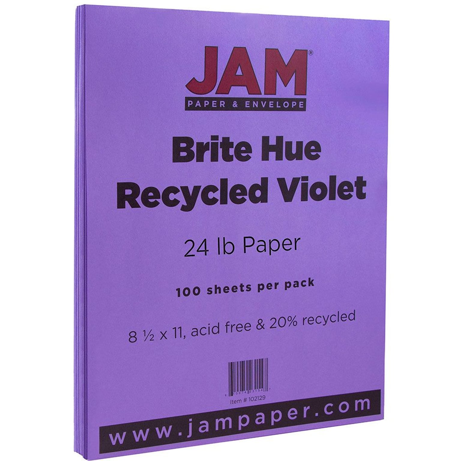 JAM Paper® Smooth Colored Paper, 24 lbs., 8.5 x 11, Violet Purple Recycled, 100 Sheets/Pack (102129)