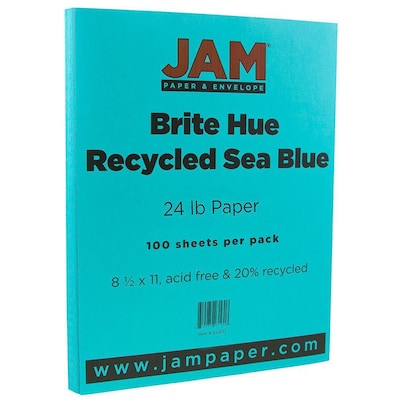 JAM Paper 8.5 x 11 Coor Copy Paper, 24 lbs., Sea Blue Recycled, 100 Sheets/Pack (102657)