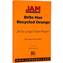JAM Paper Smooth Colored 8.5 x 14 Paper, 24 lbs., Orange Recycled, 100 Sheets/Pack (103689)