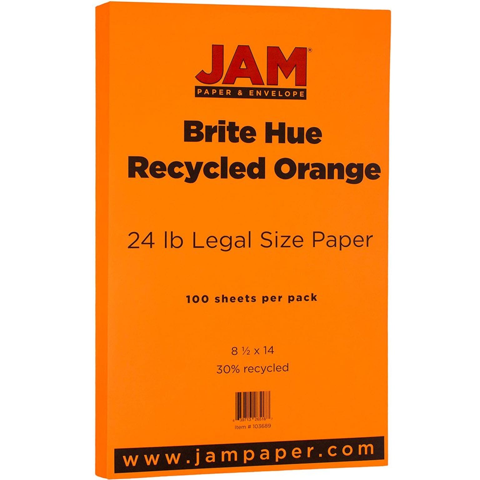 JAM Paper® Smooth Colored Paper, 24 lbs., 8.5 x 14, Orange Recycled, 100 Sheets/Pack (103689)