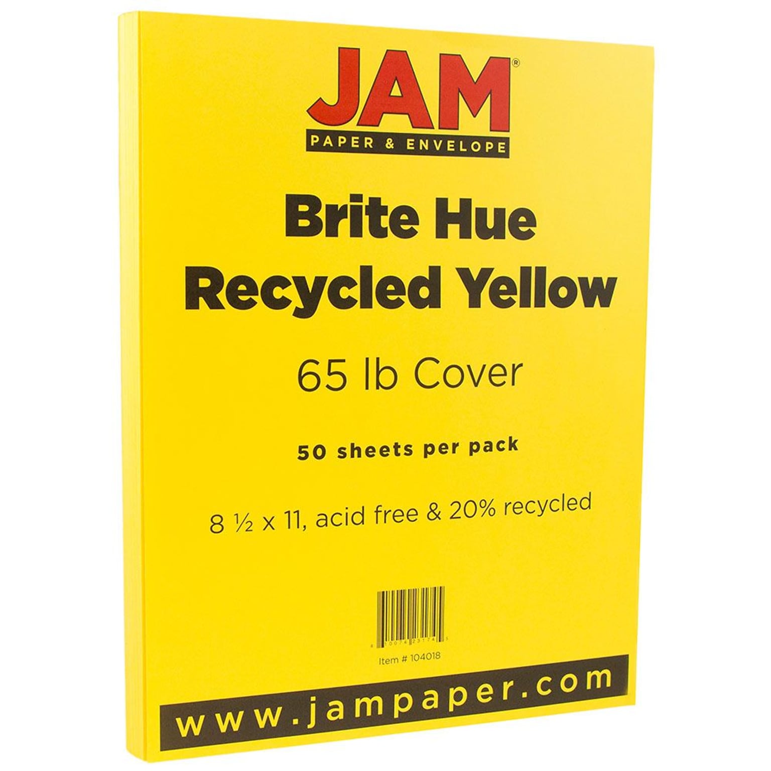 JAM Paper® Bright Color Cardstock, 8.5 x 11, 65lb Yellow Recycled, 50/pack (104018)