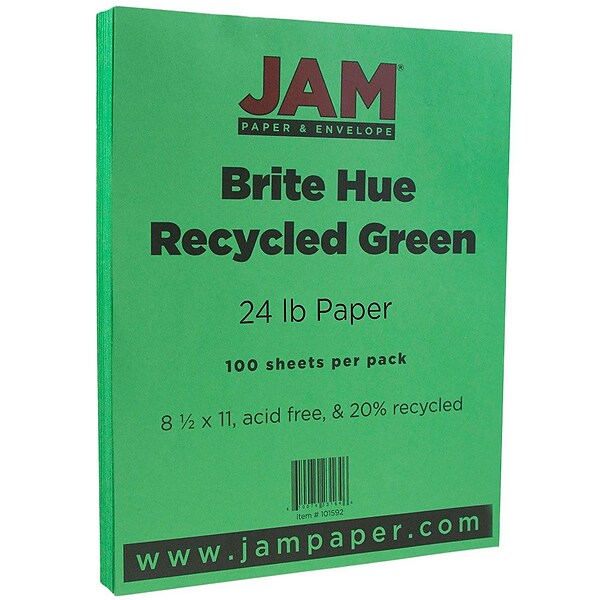 JAM Paper® Smooth Colored Paper, 24 lbs., 8.5 x 11, Green Recycled, 100 Sheets/Pack (104083)
