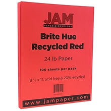 JAM Paper Smooth Colored 8.5 x 11 Copy Paper, 24 lbs., Red Recycled, 100 Sheets/Pack (151023)