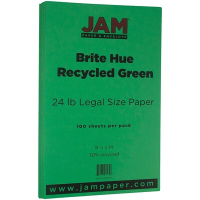 JAM Paper 8.5 x 14 Color Copy Paper, 24 lbs., Green Recycled, 100 Sheets/Pack (151053)