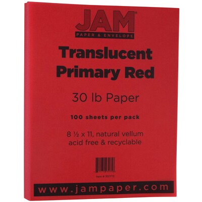 JAM Paper Translucent Vellum Colored Paper, 30 lbs., 8.5" x 11", Primary Red, 100 Sheets/Pack (301773)
