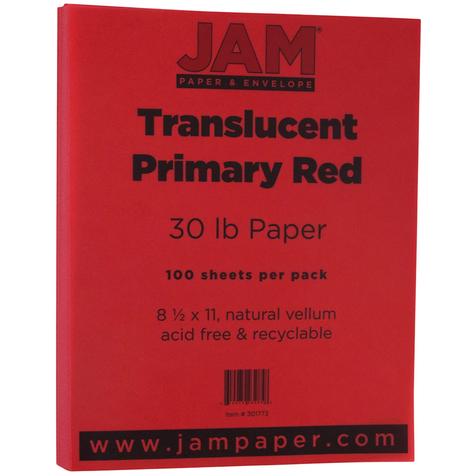 JAM Paper Translucent Vellum Colored Paper, 30 lbs., 8.5 x 11, Primary Red, 100 Sheets/Pack (301773)