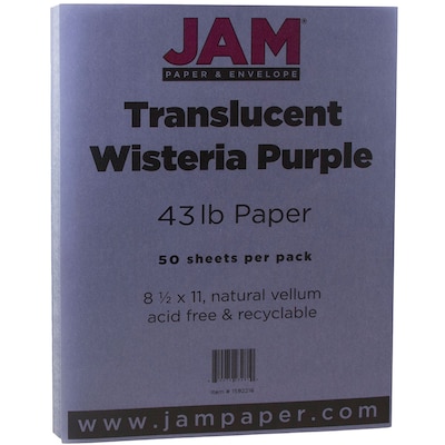 JAM Paper® Translucent Vellum Cardstock, 8.5 x 11, 43lb Wisteria Purple, 50/pack (1592216)