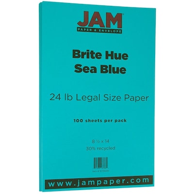 JAM Paper Smooth Colored 8.5" x 14" Copy Paper, 24 lbs., Sea Blue Recycled, 100 Sheets/Pack (16728245)