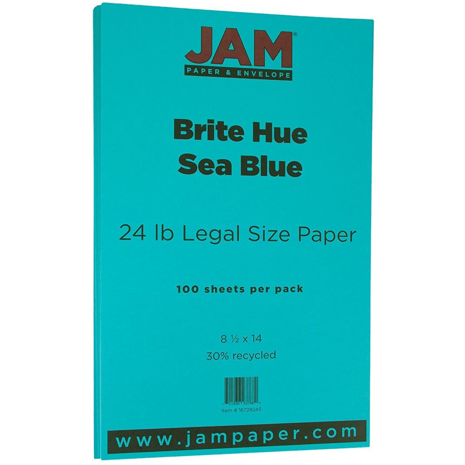 JAM Paper Smooth Colored 8.5 x 14 Copy Paper, 24 lbs., Sea Blue Recycled, 100 Sheets/Pack (16728245)
