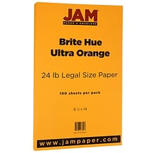 JAM Paper Smooth Colored 8.5 x 14 Copy Paper, 24 lbs., Ultra Orange, 100 Sheets/Pack (16728247)