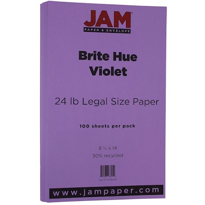 JAM Paper  8.5 x 14 Color Copy Paper, 24 lbs., Violet Purple Recycled, 100 Sheets/Pack (16728248)