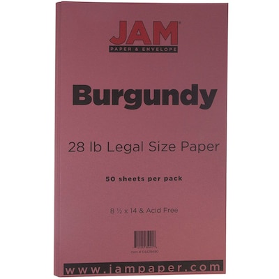 JAM Paper Matte Colored Paper, 28 lbs., 8.5" x 14", Burgundy, 50 Sheets/Pack (64429490)