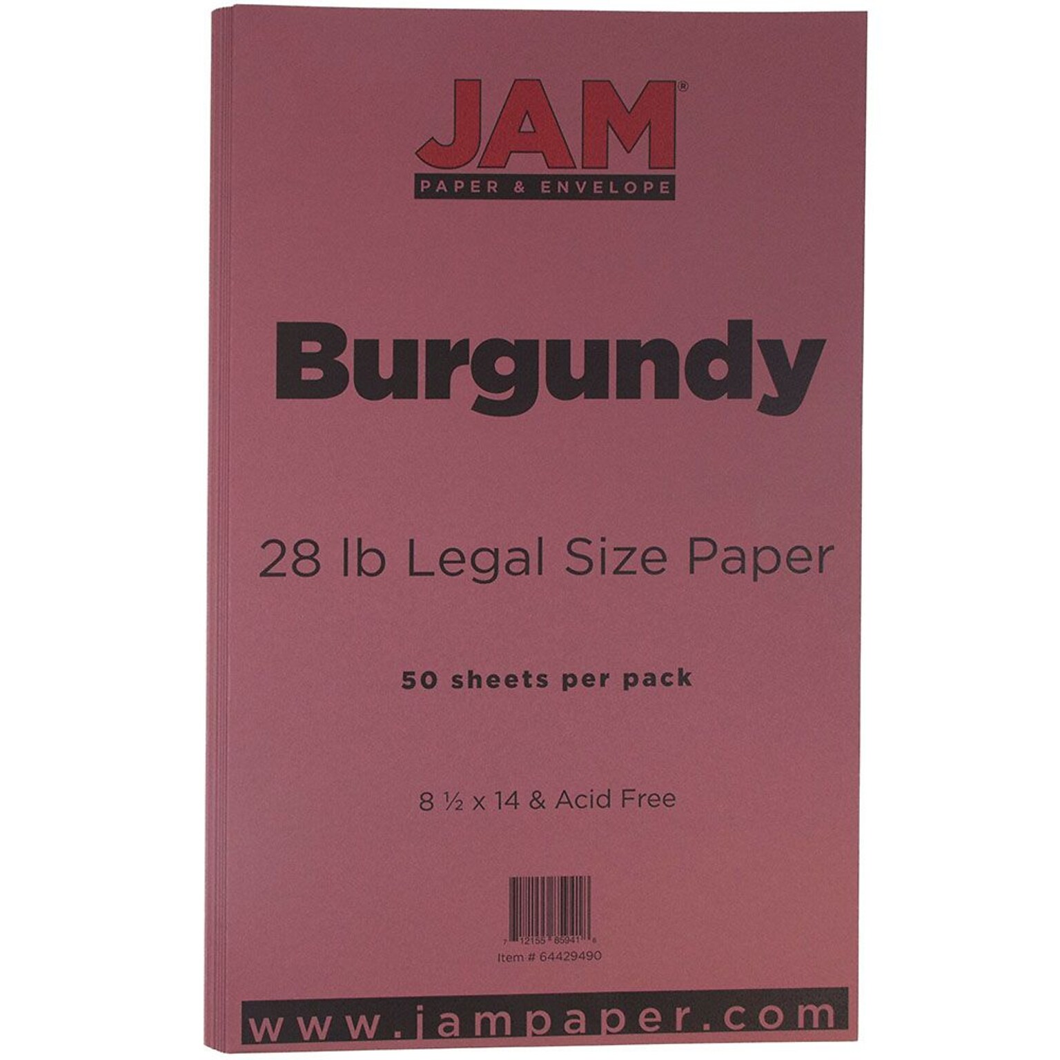 JAM Paper Matte Colored Paper, 28 lbs., 8.5 x 14, Burgundy, 50 Sheets/Pack (64429490)