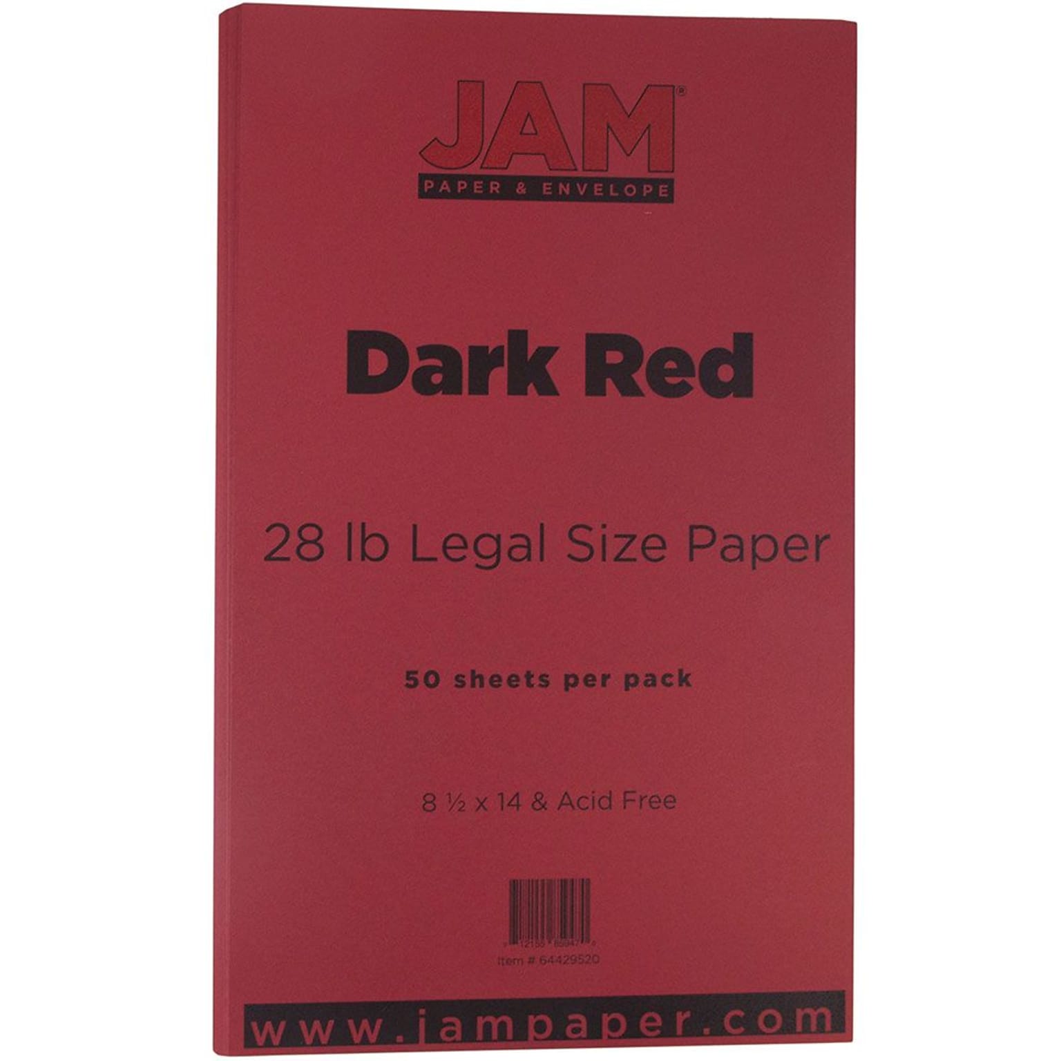JAM Paper Matte Colored Paper, 28 lbs., 8.5 x 14, Dark Red, 50 Sheets/Pack (64429520)