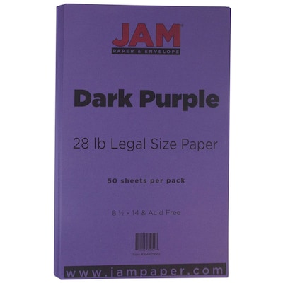 JAM Paper Matte Colored 8.5 x 14 Multipurpose Paper, 28 lbs., Dark Purple, 50 Sheets/Pack (6442956