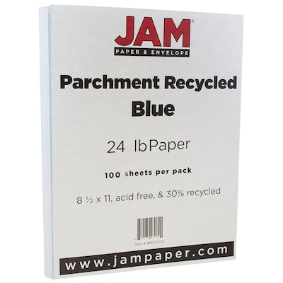 JAM Paper Parchment Colored Paper, 24 lbs., 8.5" x 11", Blue Recycled, 100 Sheets/Pack (96600200)